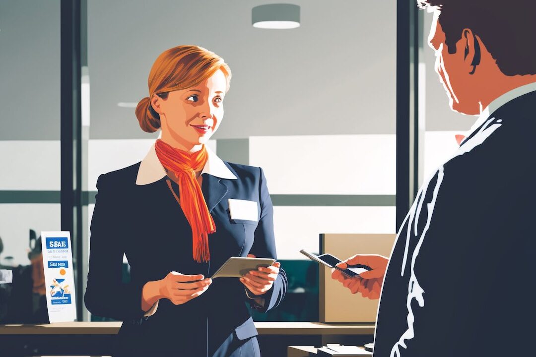 person filling out refund form at travel agency